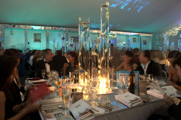 The British Red Cross London Ball, Water theme dining room with mirrored table tops and flowers in water