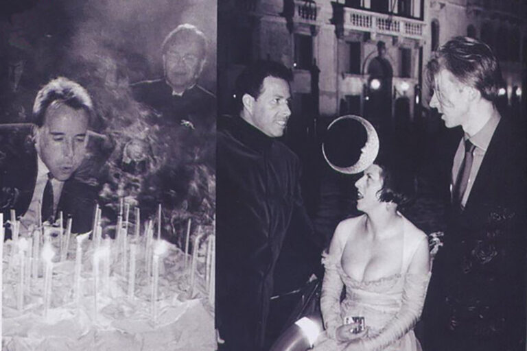 David Furnish and guests blowing out candles at his 40th birthday party in Venice