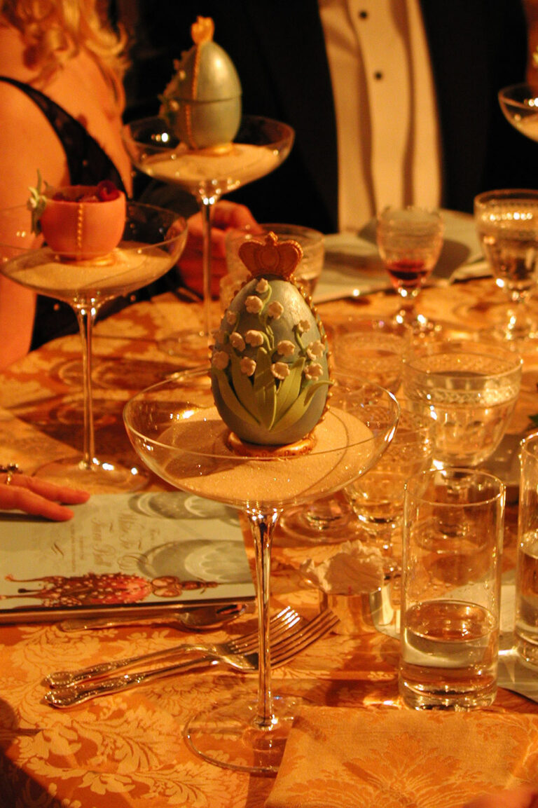 Chocolate Faberge Egg desserts at Elton John’s White Tie & Tiara Ball