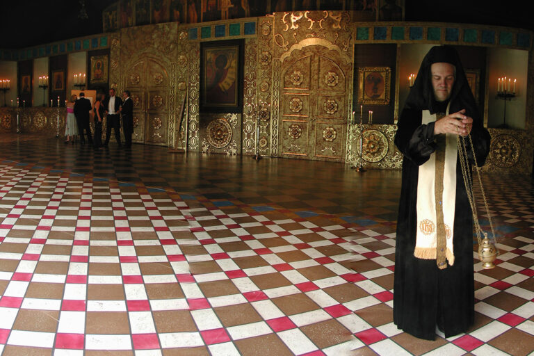 Russian church theme interior decor at Elton John’s White Tie & Tiara Ball