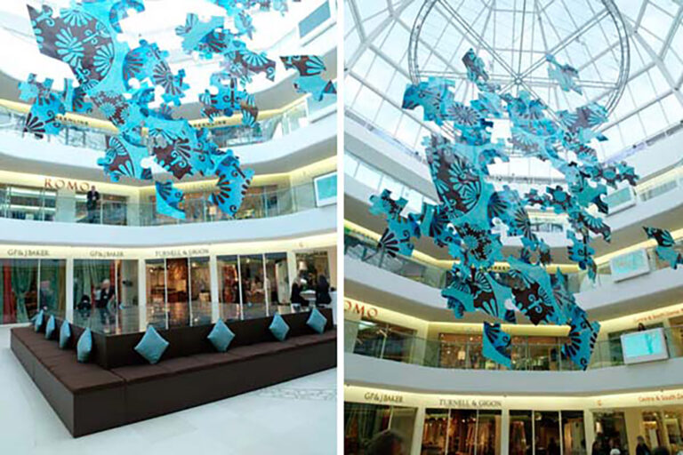 Hanging jigsaw installations at Focus, Design Center Chelsea Harbor